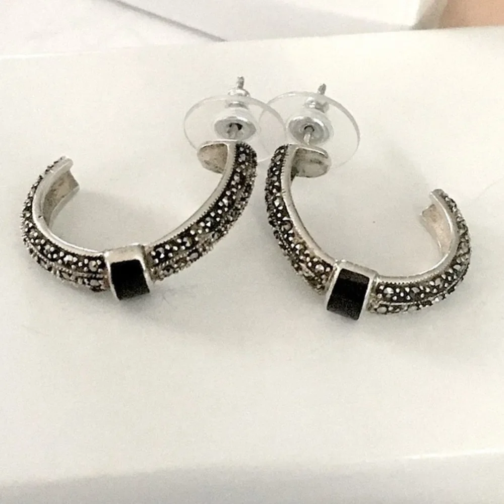 VTG Onyx Marcasite Sterling Demi Hoops Earrings